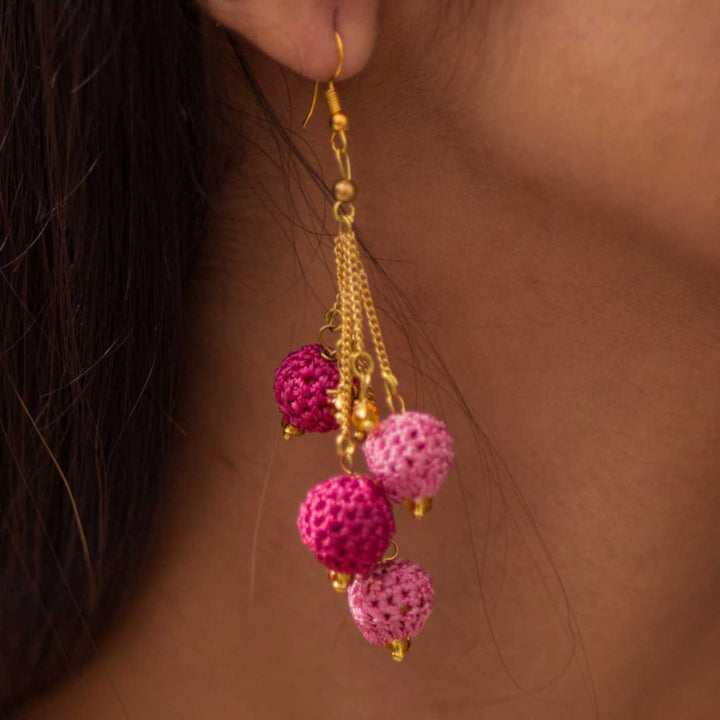 Handmade Crochet Pink Blobs Viscose Thread Swing Earrings