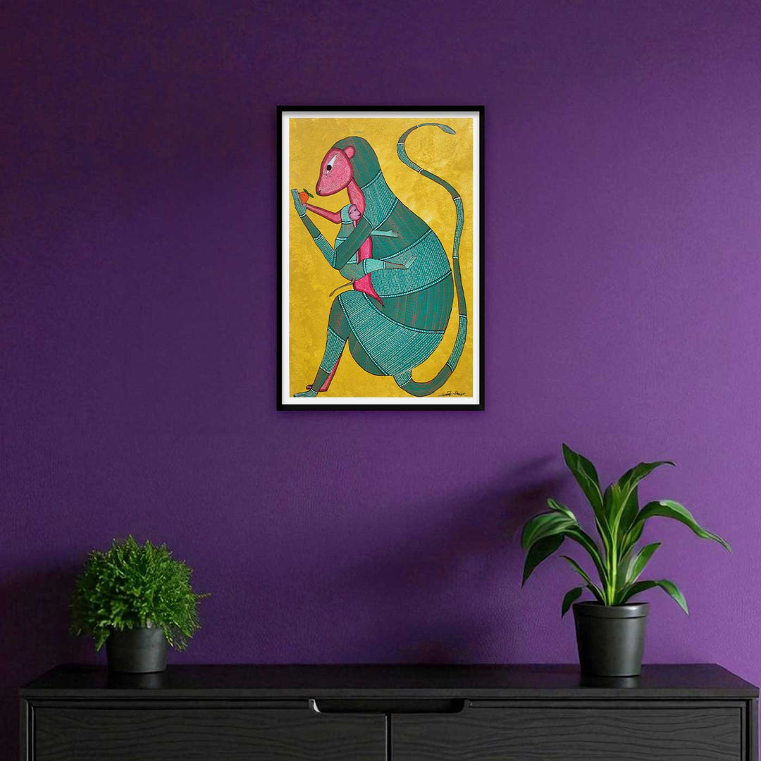 11 x 16 Inch | Mother’s Embrace Monkey & Baby | Original Hand Painted Tribal Gond Art Painting | Acrylic Paints On Paper