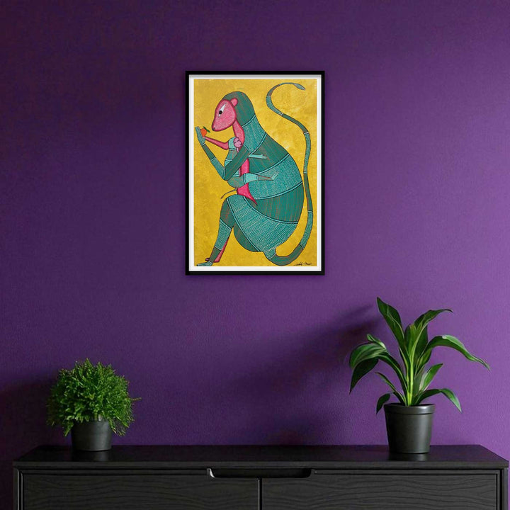11 x 16 Inch | Mother’s Embrace Monkey & Baby | Original Hand Painted Tribal Gond Art Painting | Acrylic Paints On Paper