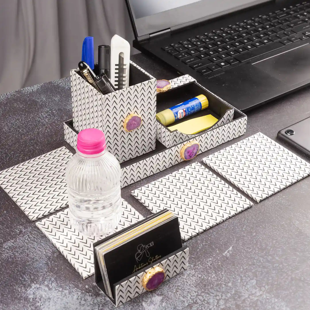 Black And White Cotton Fabric Coated MDF Desk Organiser Set With Agate Accents
