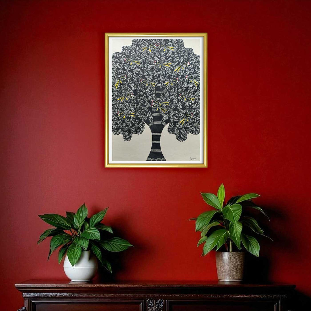 22 x 30 Inch | Birds In Tree | Original Hand Painted Madhubani Painting | Natural Pigments On Paper