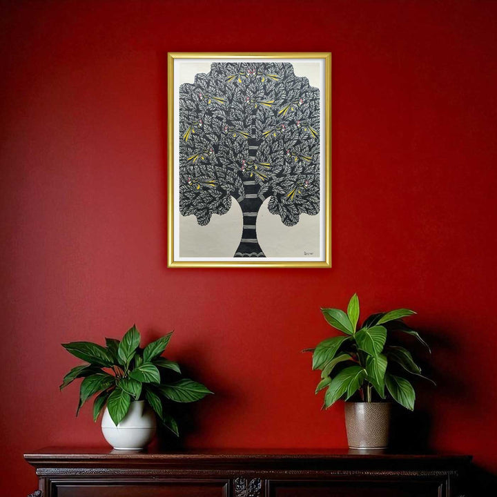 22 x 30 Inch | Birds In Tree | Original Hand Painted Madhubani Painting | Natural Pigments On Paper