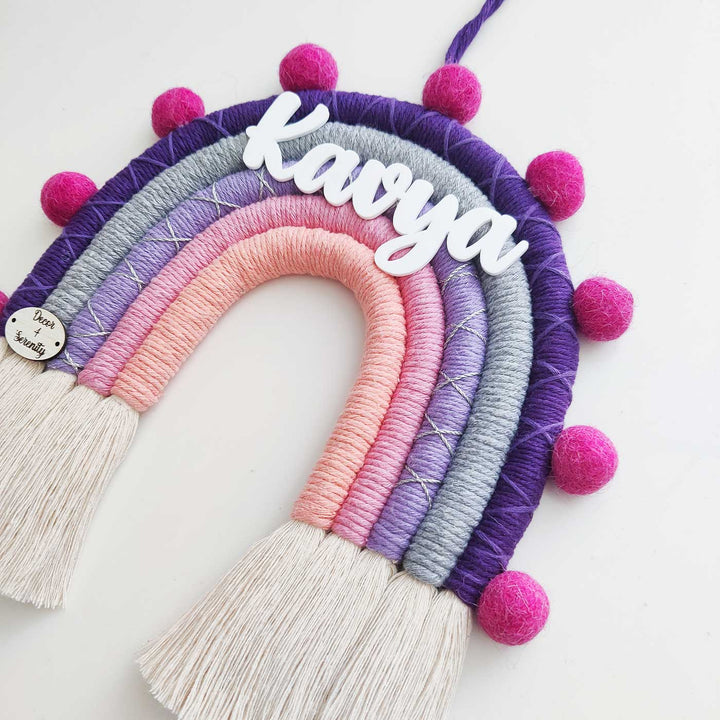 Personalized Handmade Macrame Pom Pom Rainbow Kids Name Plate With 3D Letters