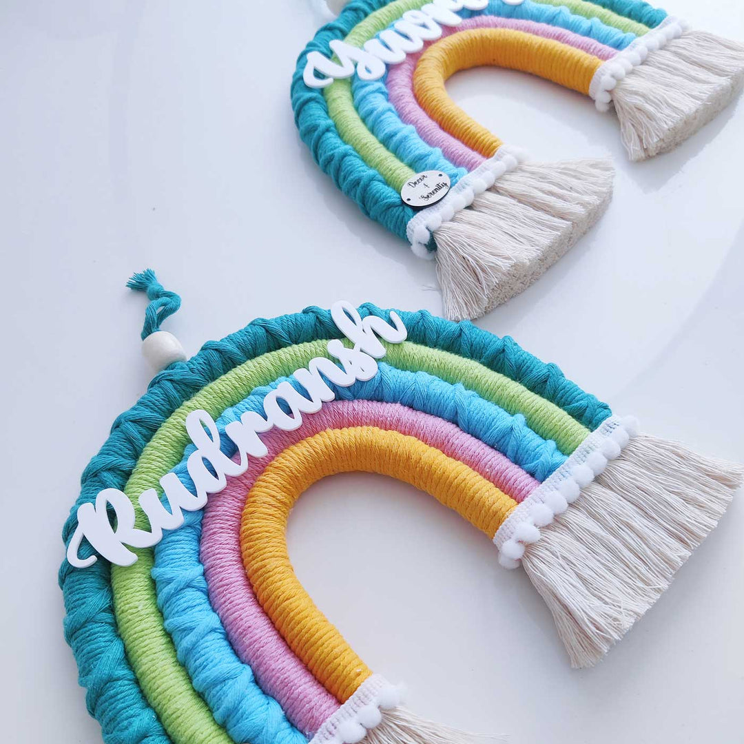 Personalized Handmade Macrame Green & Blue Rainbow Kids Name Plate With 3D Letters