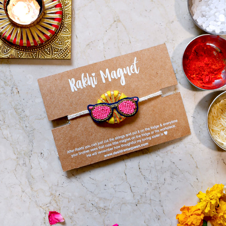 Handmade Reusable Chashma Pom Pom Felt Kids Rakhi - Front View on Branded Card (2)