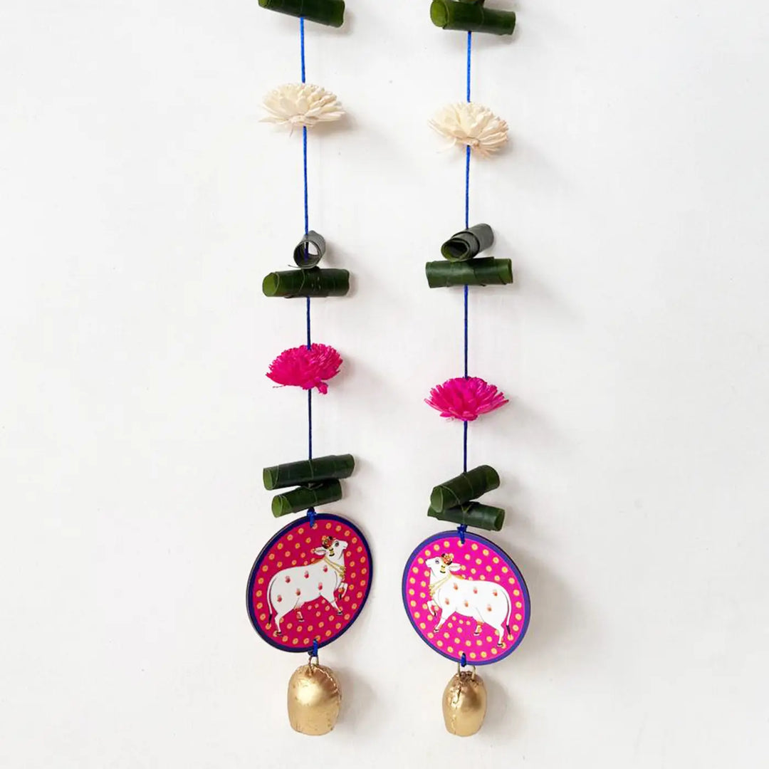 2 Pc | Handmade Cow Motif Pink & White Shola Flower Hanging