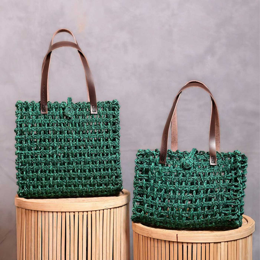 Handmade Grass Woven Leather Strap Box Shaped Green Sabai Mesh Tote Bag