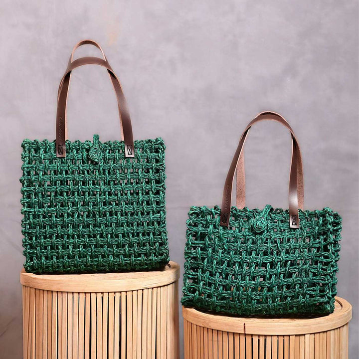 Handmade Grass Woven Leather Strap Box Shaped Green Sabai Mesh Tote Bag