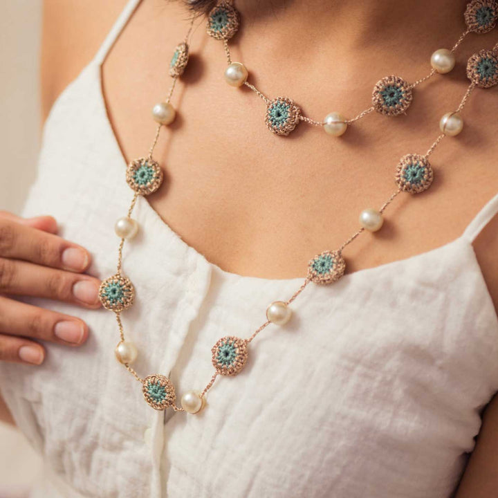 Handmade Crochet Rose Gold Mint Nakshatra Tikki Necklace