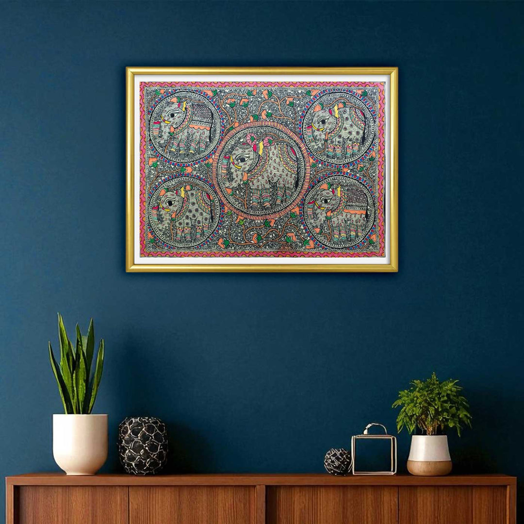 22 x 30 Inch | Elephants & Tree | Original Hand Painted Madhubani Painting | Natural Pigments On Paper