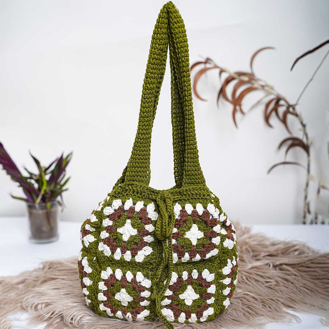 Handmade Crochet Military Green Commuter Cotton Handbag