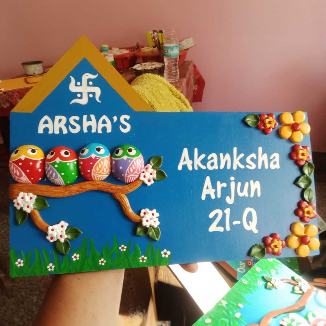 Handmade Owl Family Name Plate With Personalised Clay Figures 1 - Handheld Personalized Nameplate Display