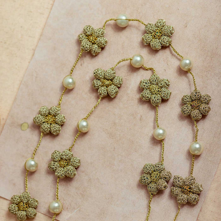 Handmade Crochet Gold Gulnaar Daisy Pearl String Necklace