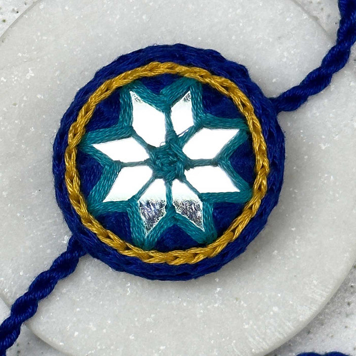 Customized Handmade Mirror Work Cotton Rakhi With Roli Chawal - Close-up Front View (6)