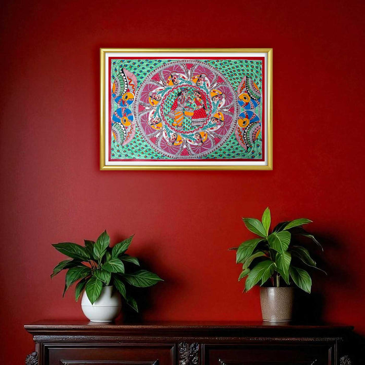 24 x 16 Inch | Radha Krishna Raas | Original Hand Painted Madhubani Painting | Acrylic Paints On Paper