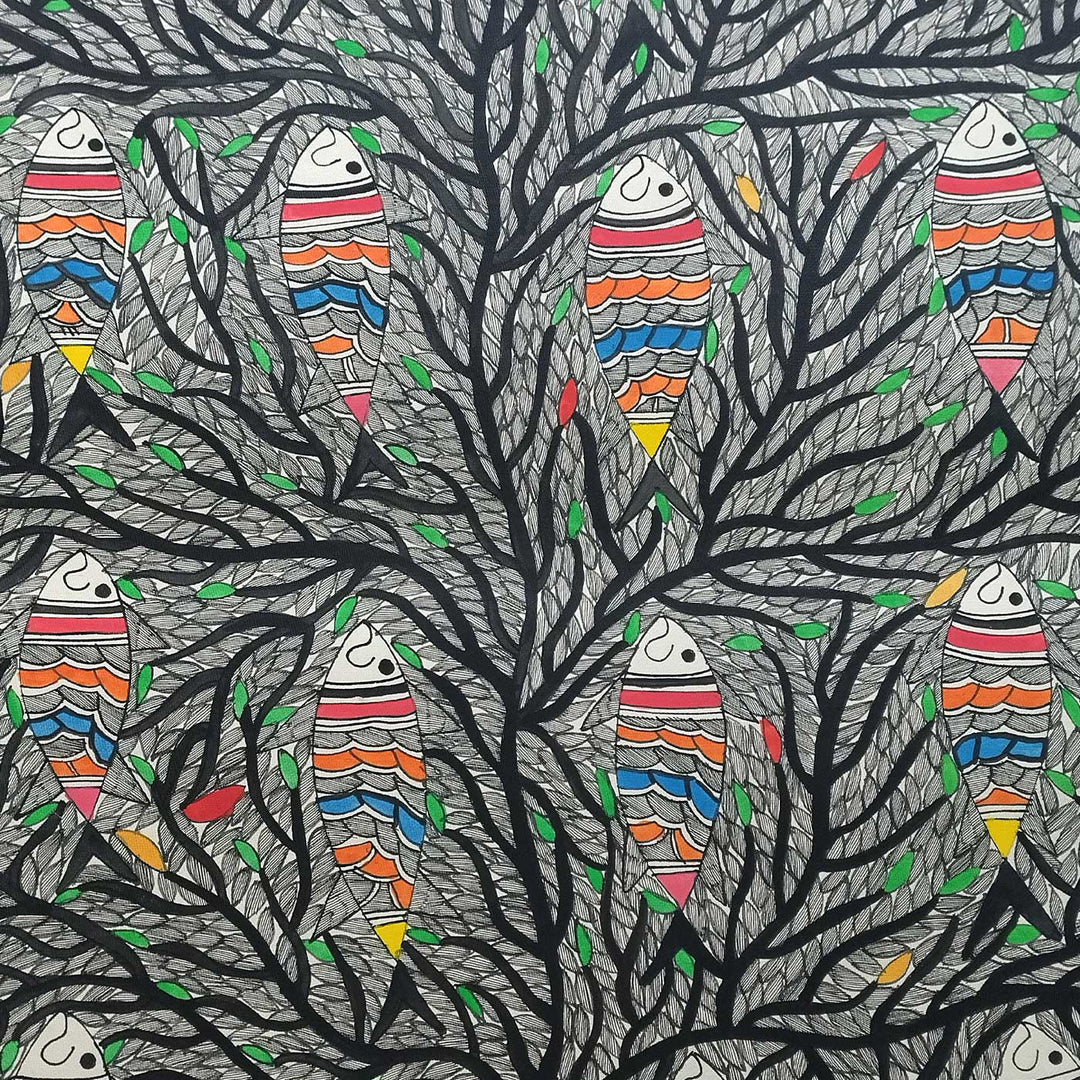 22 x 30 Inch | Fishes in the Sacred Tree | Original Hand Painted Madhubani Painting | Natural Pigments On Paper