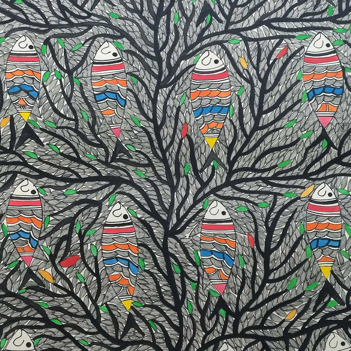 22 x 30 Inch | Fishes in the Sacred Tree | Original Hand Painted Madhubani Painting | Natural Pigments On Paper