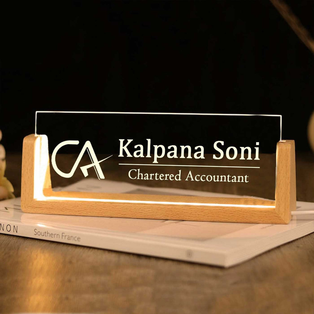 Personalized Chartered Accountant Sleek Glass Desk Nameplate With Led Light - Front View on Wooden Base
