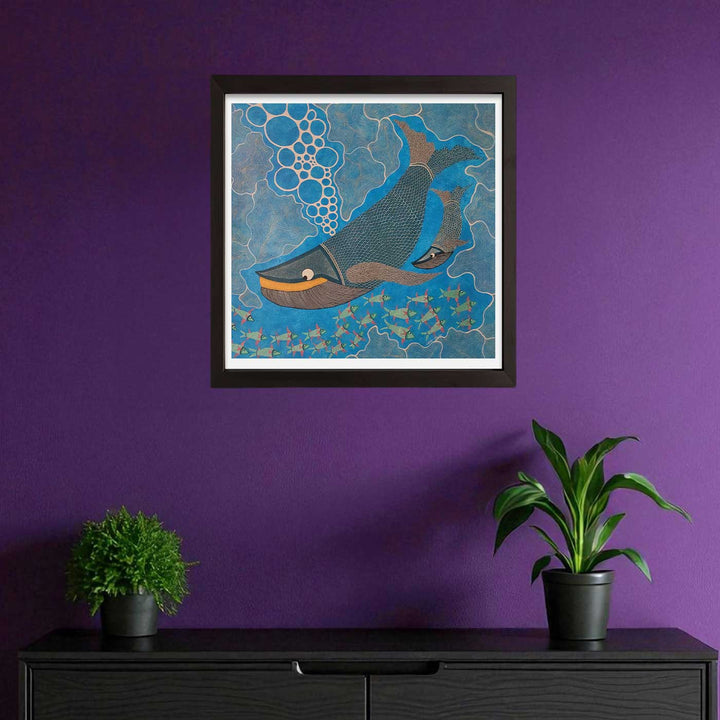 36 x 36 Inch | Mother & Calf Whale Deep Sea Bond | Original Hand Painted Tribal Gond Art Painting | Acrylic Paints On Canvas