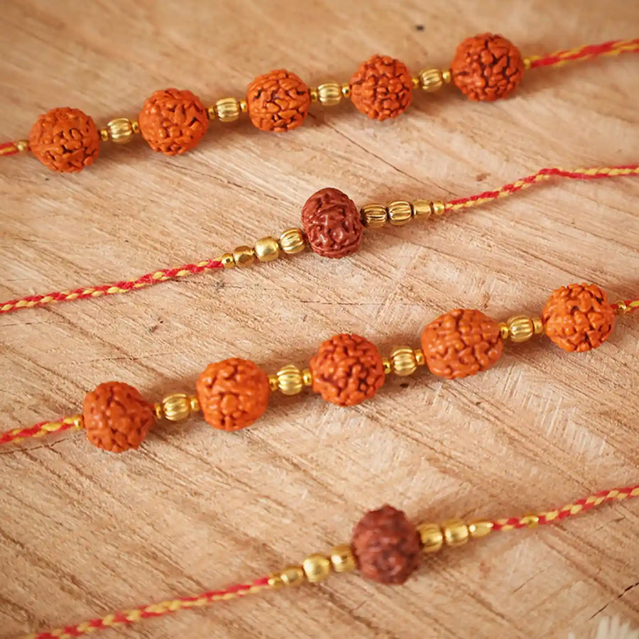 Handmade Crochet One And Five Rudraksha Rakhi With Roli Chawal Set Of 4 - Close-up of bead details