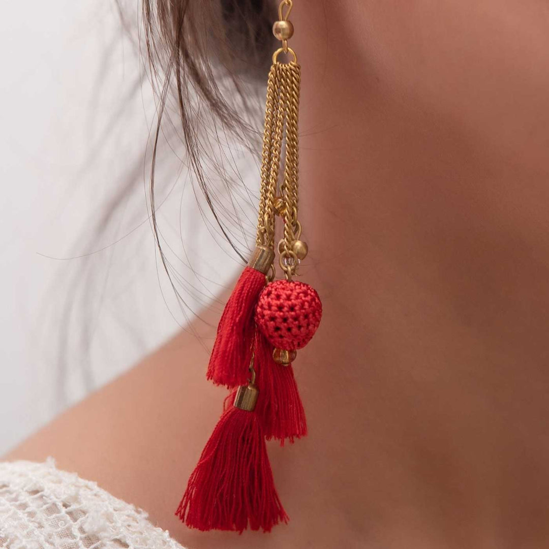 Handmade Crochet Red Tassel Viscose Thread Swing Earrings