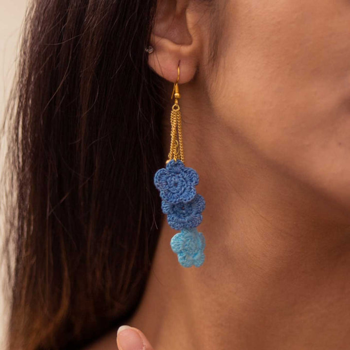 Handmade Crochet Blue Poppies Viscose Thread Swing Earrings