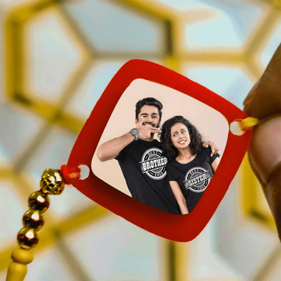 Photo Personalized Handmade Minimal Design Rudraksh Rakhi - Close-up of Rakhi centerpiece