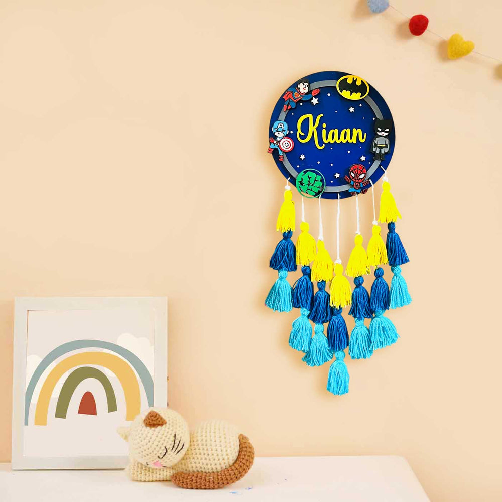 Personalized Hand Painted Avengers Themed With Tassels Mdf Wood Kids Name Plate - Hanging on Wall with Tassels