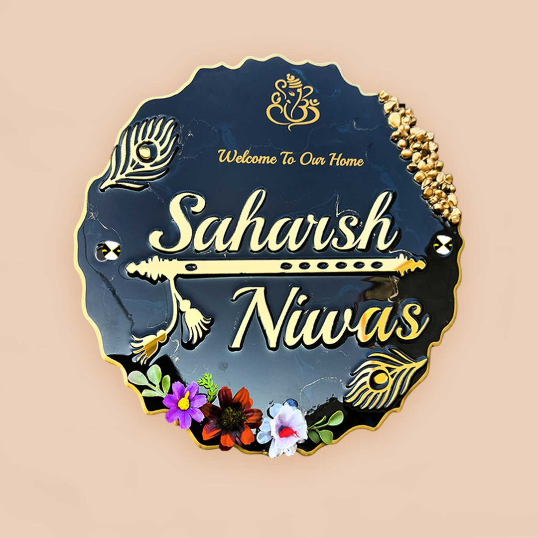 Personalized Blue Floral Theme Round Resin And Acrylic Waterproof Name Plate - Front View with Name Personalization