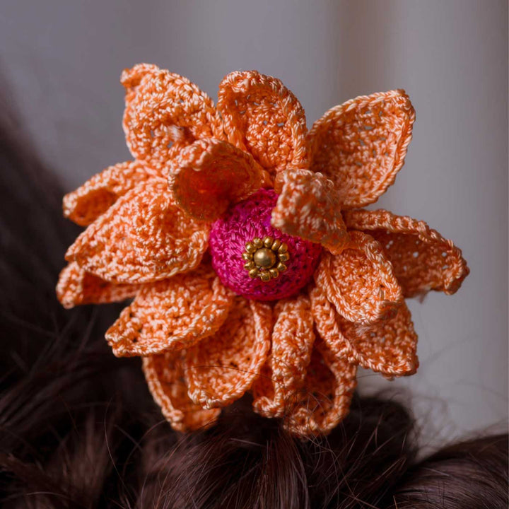 Handmade Crochet Orange Camelia Design Hairstick