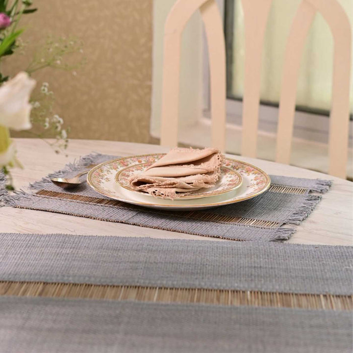 Hand Woven Single Striped Madhurkati Grey Table Runner & Table Mat