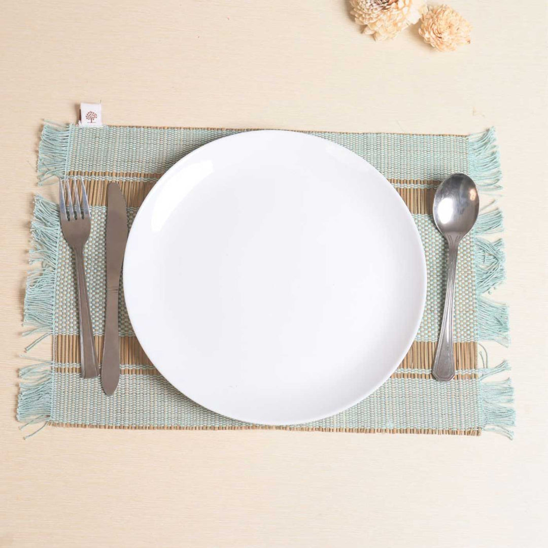 Hand Woven Double Striped Madhurkati Green Table Mat | 15 x 11 inch