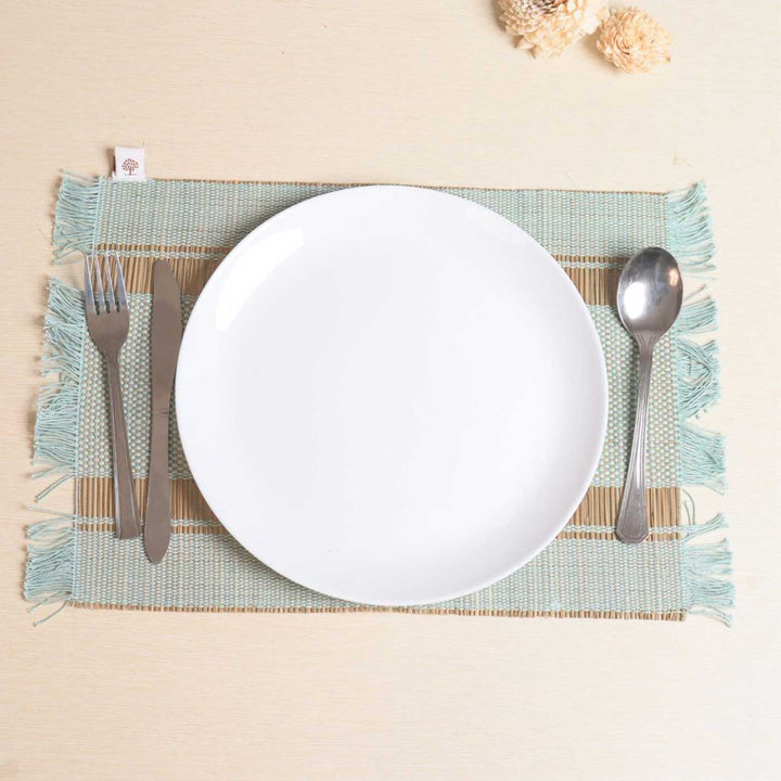 Hand Woven Double Striped Madhurkati Green Table Mat | 15 x 11 inch