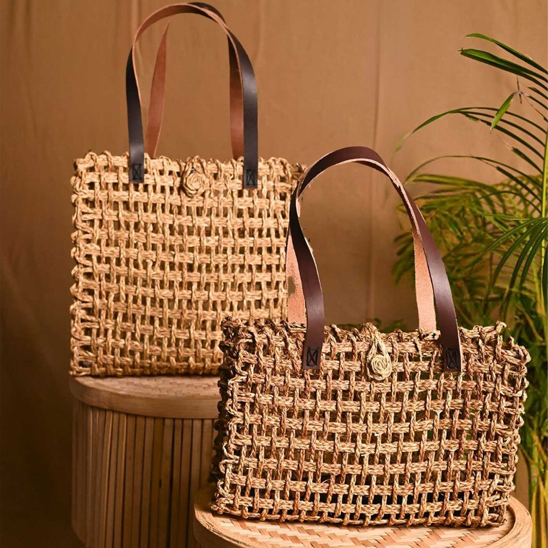 Handmade Grass Woven Leather Strap Box Shaped Golden Sabai Mesh Tote Bag
