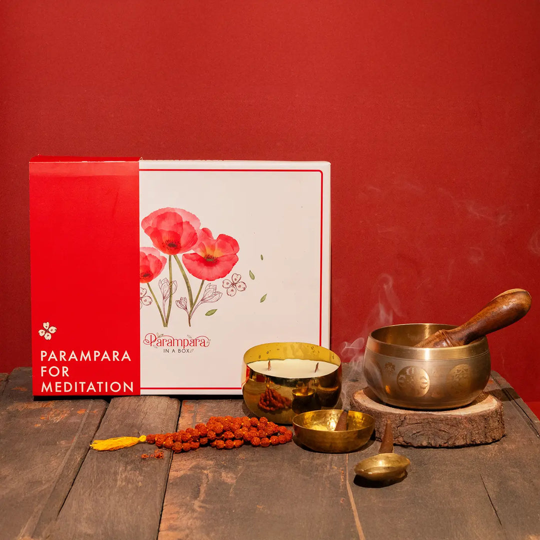 Meditation Gift Hamper | Includes 1 Dhoop Cones Pack, 8 Panchagavya Ghee Diya, 1 Singing Bowl, 1 Jaap Mala