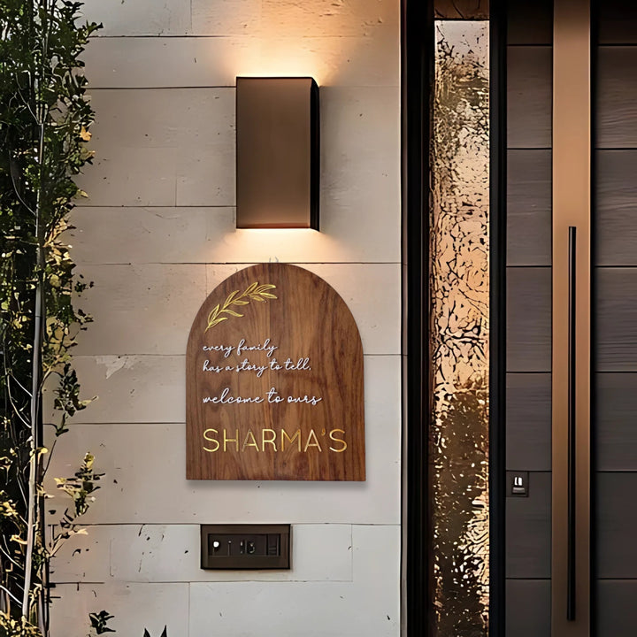 Minimal Arched Wooden Name Plate With 3D Acrylic Letters - Mounted on Entryway Wall with Light