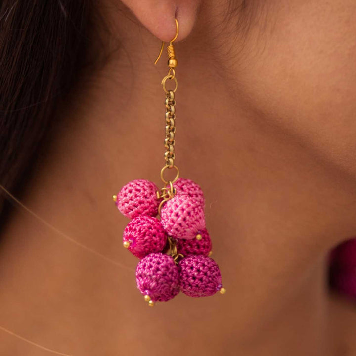 Handmade Crochet Pink Ombre Viscose Thread Swing Earrings