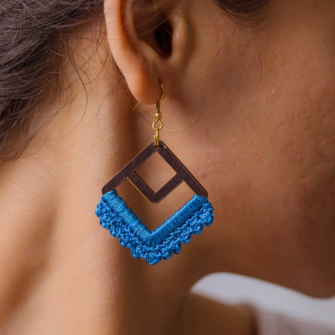 Handmade Crochet Indigo Square Loop Earrings