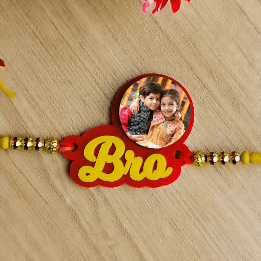 Photo Personalized Handmade Bro Theme Rudraksh Rakhi For Brother - Close-up of bracelet centerpiece