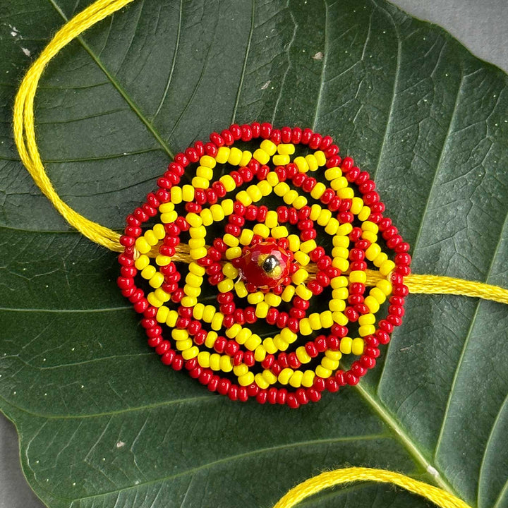 Customized Handmade Beaded Mandala Design Lumba Rakhi For Bhabhi With Roli Chawal - Close-up on Beaded Pendant (4)