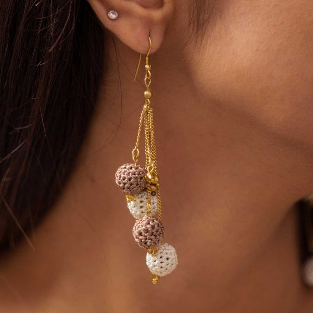 Handmade Crochet Brown Blobs Viscose Thread Swing Earrings