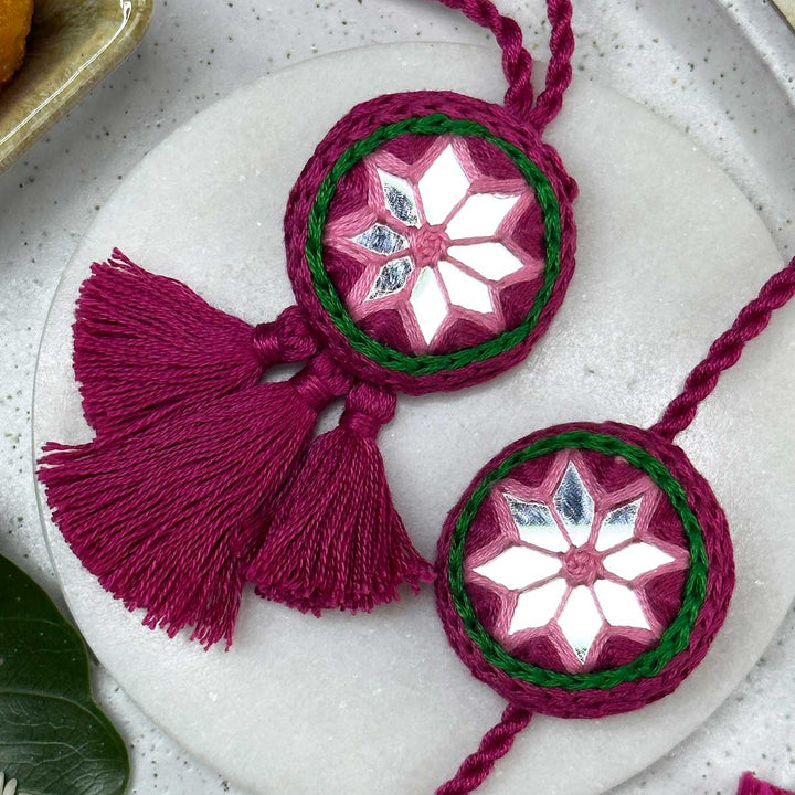 Customized Handmade Mirror Work Cotton Bhaiya Bhabhi Rakhi With Roli Chawal - Front View with Decorative Setup (3)