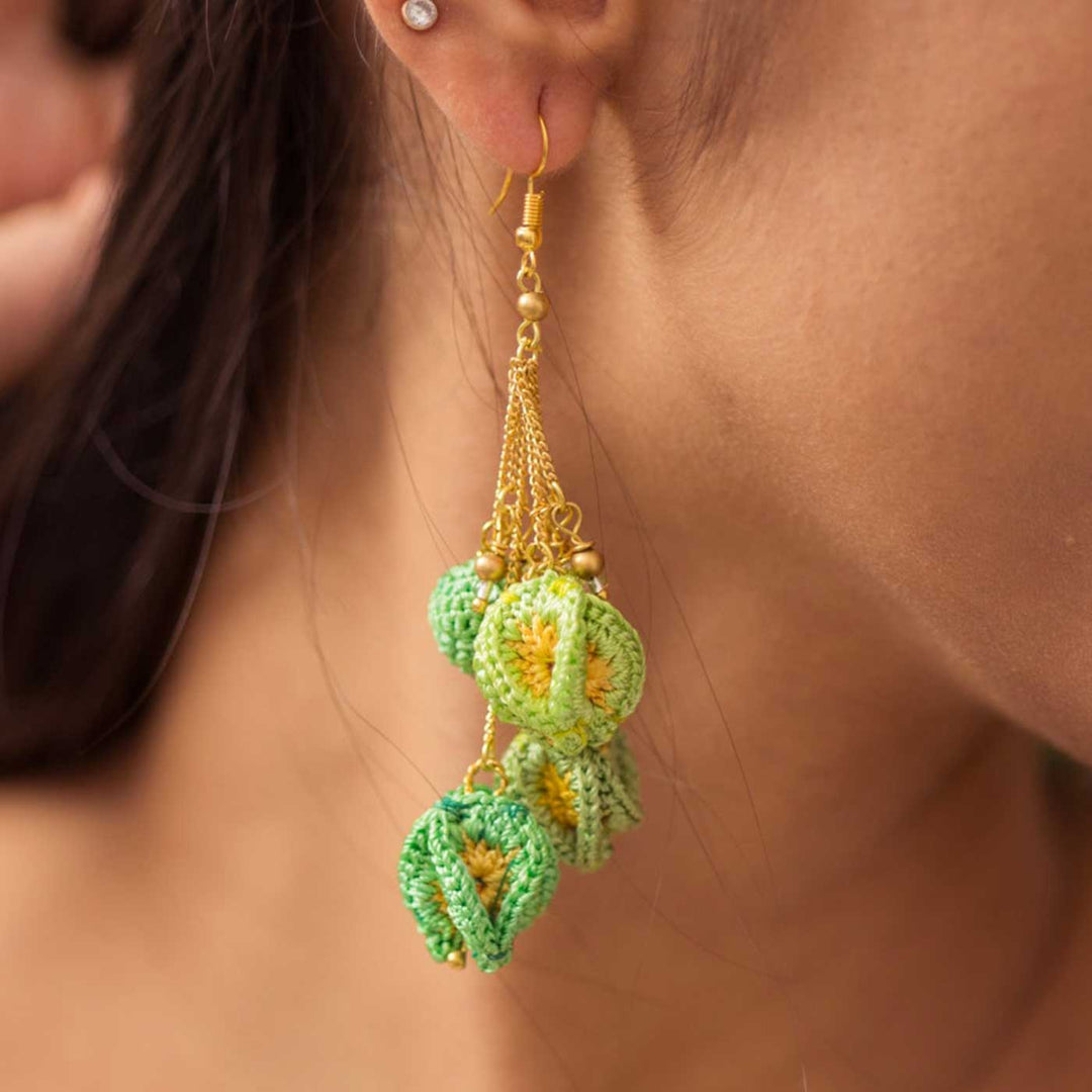 Handmade Crochet Green Bougainvillea Viscose Thread Swing Earrings