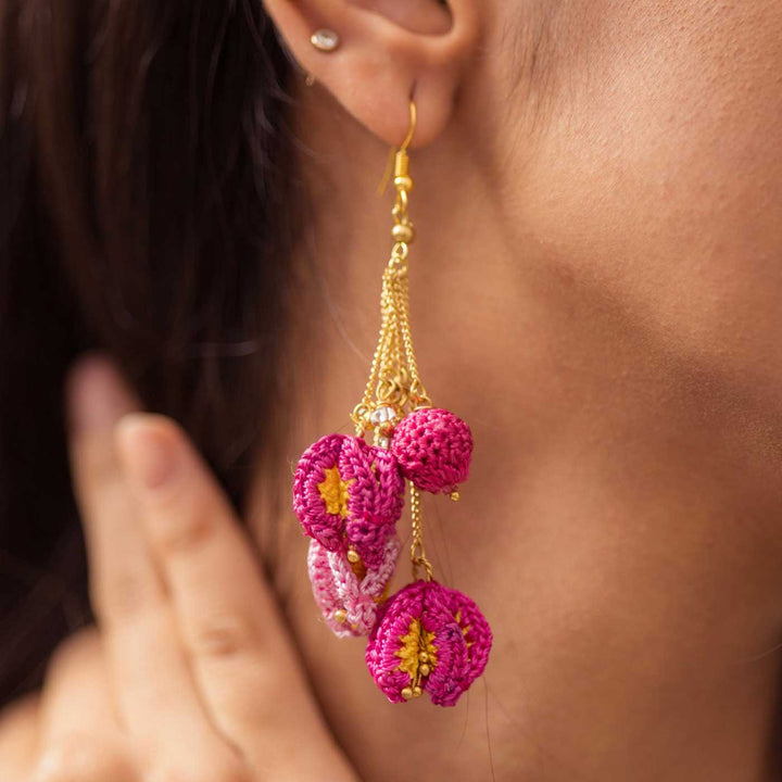 Handmade Crochet Pink Bougainvillea Viscose Thread Swing Earrings