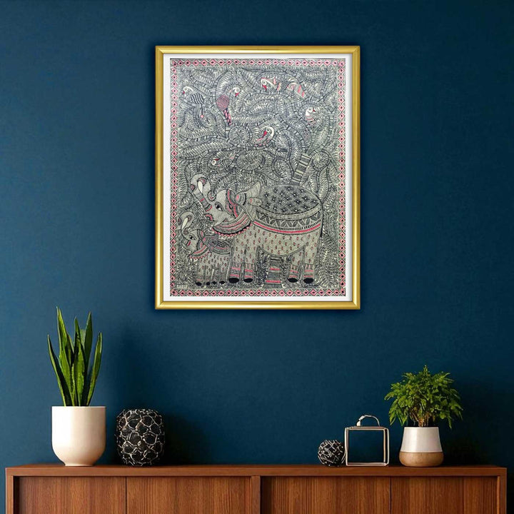 22 x 30 Inch | Elephant Grace in Black & Red | Original Hand Painted Madhubani Painting | Natural Pigments On Paper