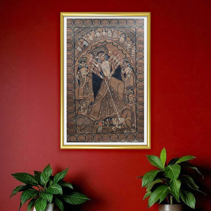 29 x 48 Inch | Maa Durga With Ten Arms | Original Hand Painted Kalighat Painting | Natural Pigment On Paper