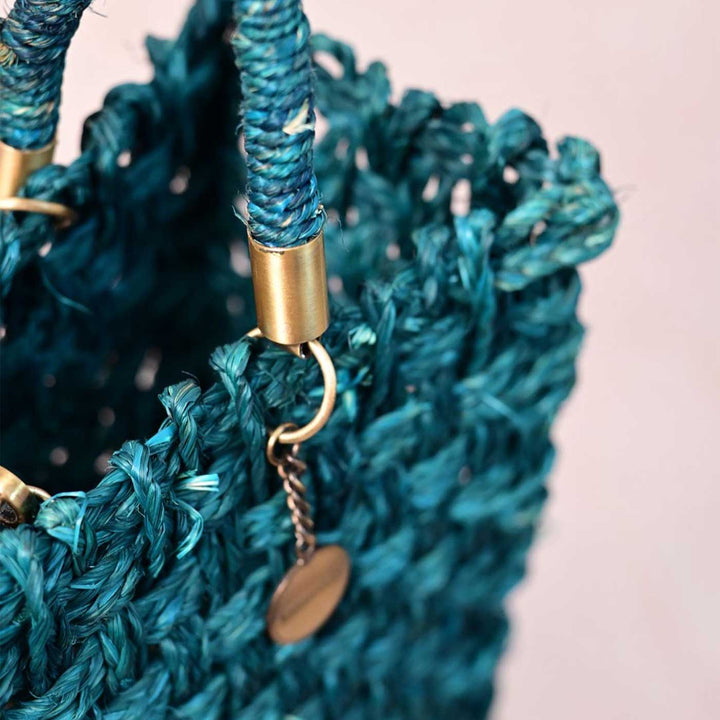 Handmade Grass Woven Vegan Wrapped Rope Handles With Metal Accents Indigo Sabai Mesh Handbag