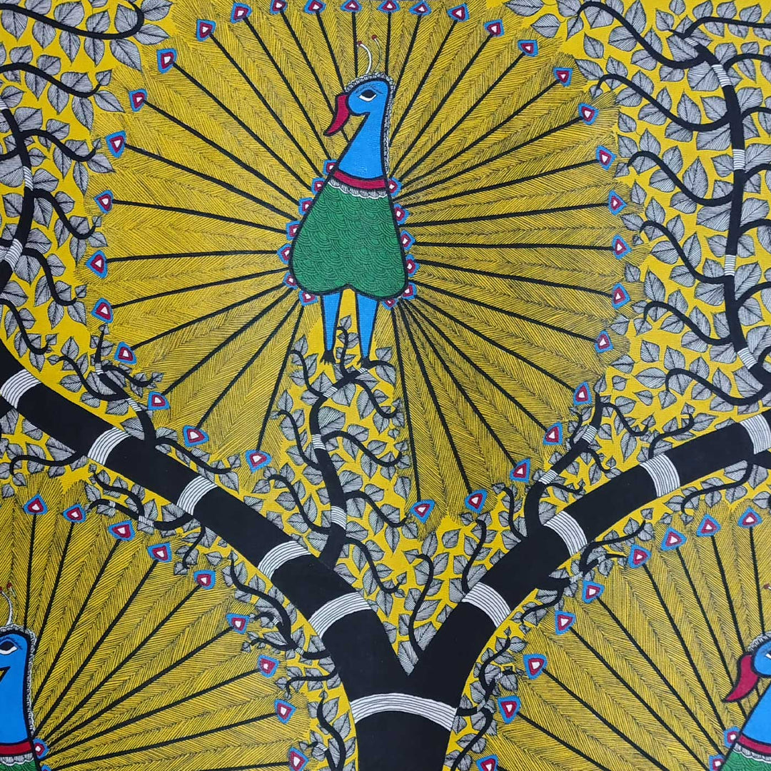 22 x 30 Inch | Peacock Trio | Original Hand Painted Madhubani Painting | Natural Pigments On Paper