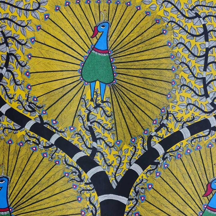 22 x 30 Inch | Peacock Trio | Original Hand Painted Madhubani Painting | Natural Pigments On Paper