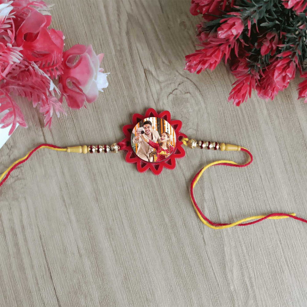 Photo Personalized Handmade Flower Theme Rudraksh Rakhi - Laid flat with floral props